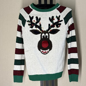 Ugly Christmas Sweater S Rudolph Reindeer 3D Pom Pom Nose